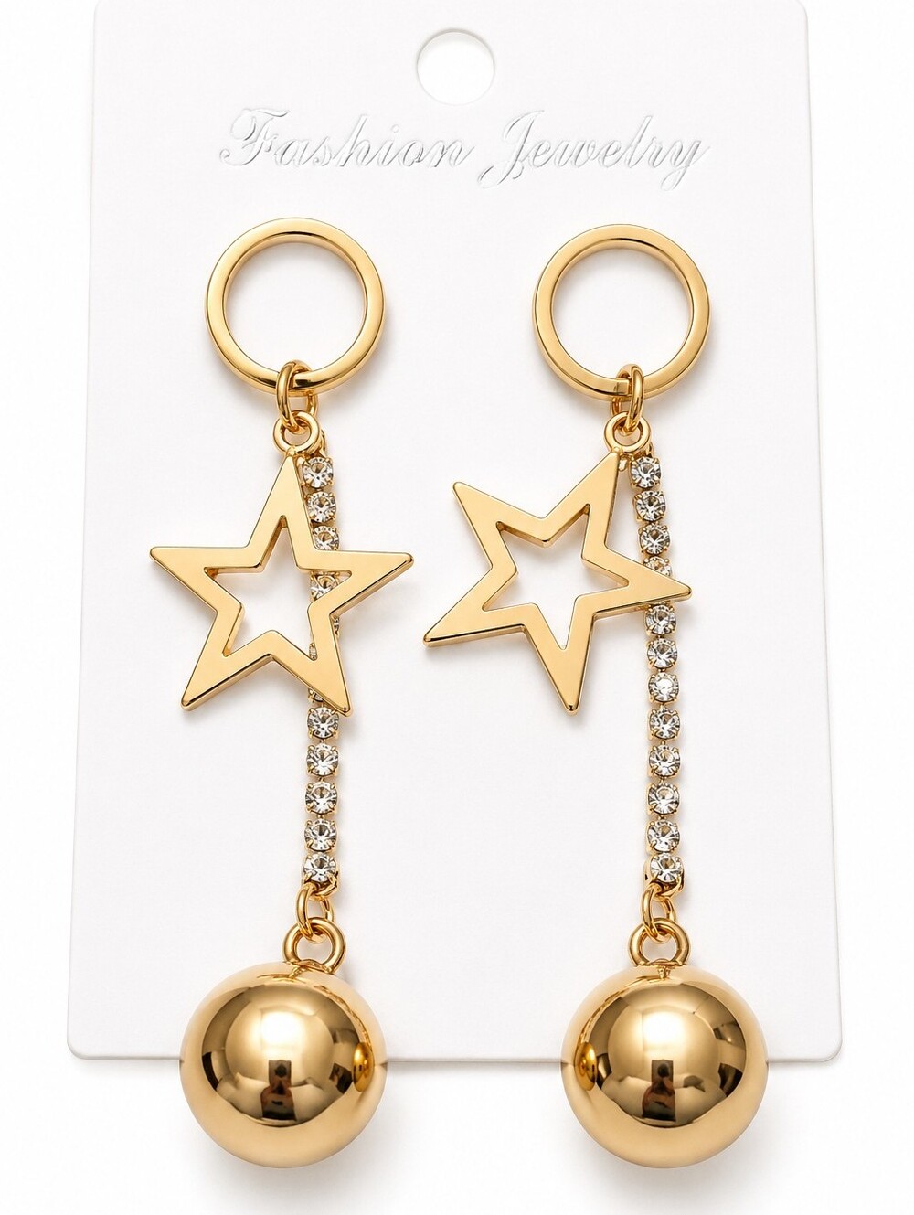 Gold Tone Star Rhinestone Ball Drop Dangle Earrings Statement Fashion Jewelry